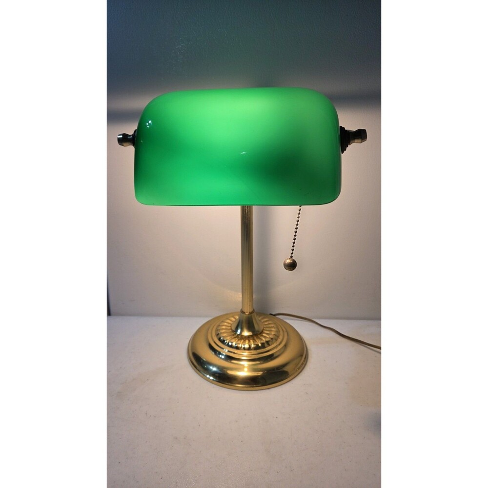 Vintage Bankers Lamp Green Glass Shade Brass Pull String WORKS 14"